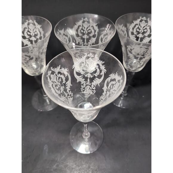 Morgantown Glass Water Goblets, Vtg Etched Chintz Clear Glass, Uranium Set of 4 - Picture 5 of 11